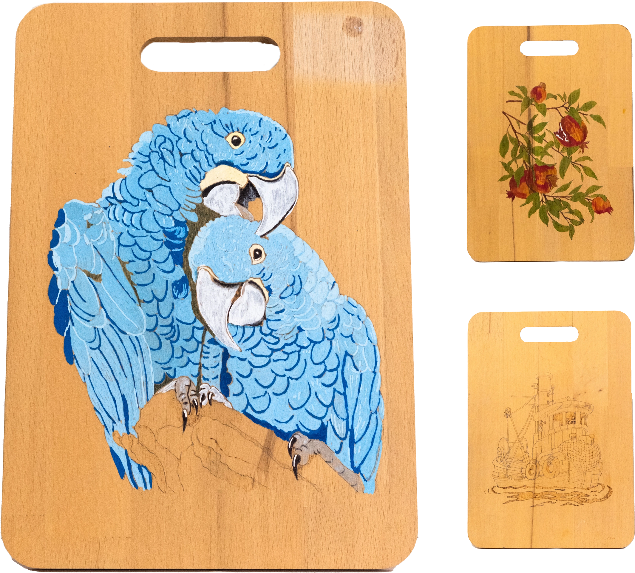 A customized cutting board with a blue parrot